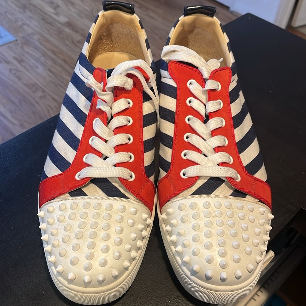 Christian Louboutin Red and Navy Striped Sneakers - Picture 5 of 5